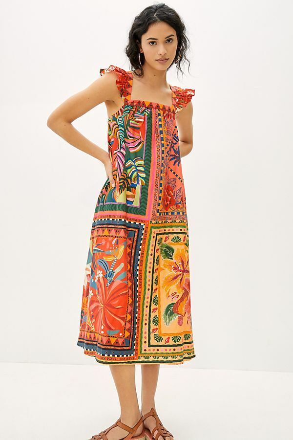 Anthropologie FARM RIO Mosaic Midi Dress Cotton Pockets Colorful Tropical Medium