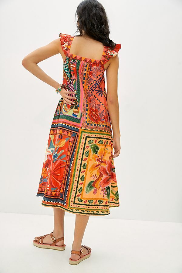 Anthropologie FARM RIO Mosaic Midi Dress Cotton Pockets Colorful Tropical Medium