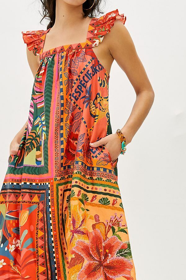 Anthropologie FARM RIO Mosaic Midi Dress Cotton Pockets Colorful Tropical Medium